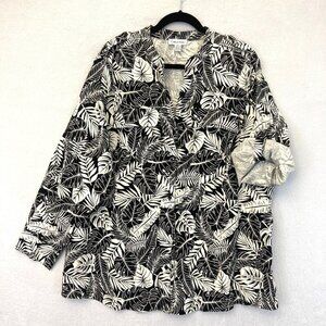 Calvin Klein Roll Tab Linen Blend Button Up Shirt Women's Size 2X Black Tropical